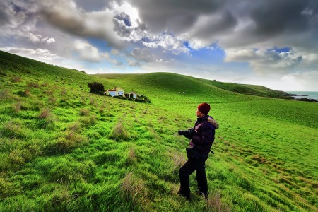 People with rolling hills