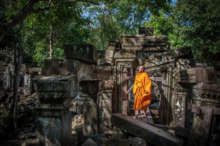 Angkor Wat temple with monk