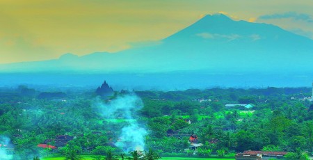 Prambanan Temple in the shadow of Mt Merapi
