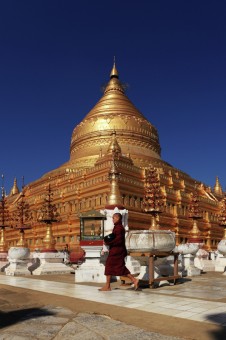 Monk Passes In Front of Golden Shwezigon Pagoda