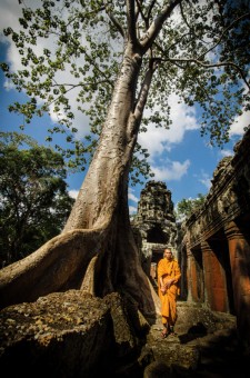 Angkor Wat temple with monk, Siem Reap, Cambodia