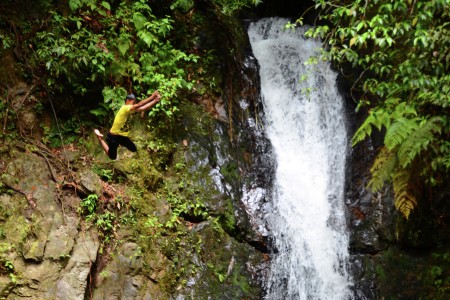 jump beside waterfall